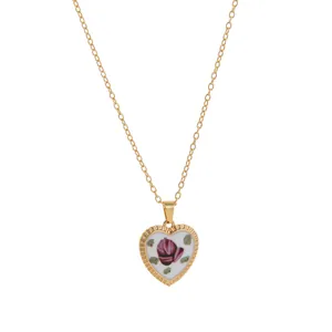 Vintage golden heart pendant necklace featuring elegant pink rose floral print bohemian design