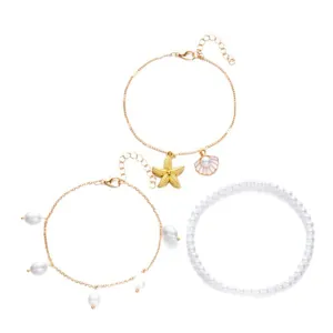 Bohemian starfish and pearl layered anklet set for beach holiday seaside accessories