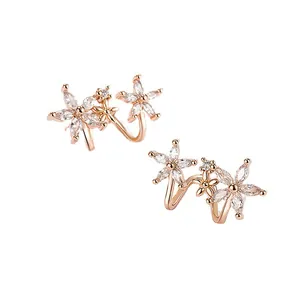 Elegant rose gold floral ear crawler earrings with marquise-cut sparkling crystals