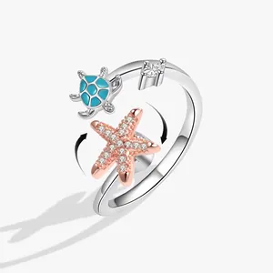 Spinner Angst Ring Ozean Meeresschildkröte Seestern Einstellbar Kupfer Zirkonia Ring Stressabbau Fidget Schmuck Für Damen