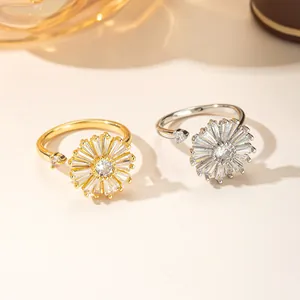 Minimalist chrysanthemum adjustable rings with micro-pave zirconia in gold and silver