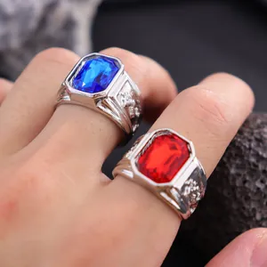 Men's vintage silver alloy dragon ring with square blue and red glass gemstone inlays
