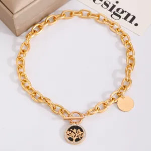 Collana a catena retrò dorata con ciondolo albero della vita in strass e chiusura a T