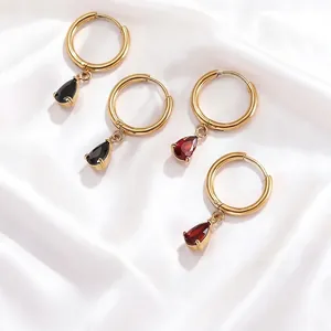 Boucles d'Oreilles Créoles en Acier Inoxydable Goutte d'Eau avec Zirconium pour Femmes Plaqué Or Forme de Poire Bijoux de Mode
