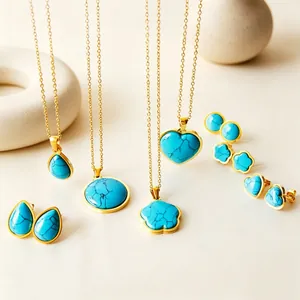 Conjunto de Joyas de Turquesa de Acero Inoxidable Vintage para Mujer Chapado en Oro Plata Corazón Redondo Floral Collar Pendientes