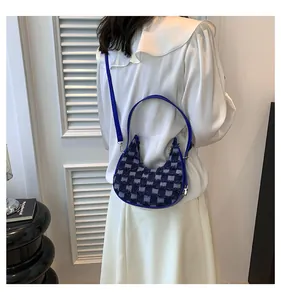 Stylish blue checkered crescent hobo bag shown on model for casual summer fashion.