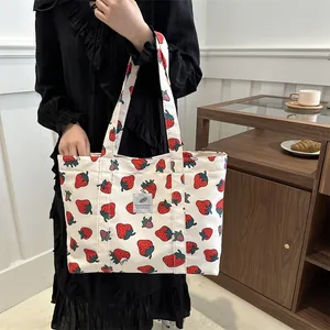 Casual strawberry print canvas tote bag for women, fresh style shoulder shopping bag