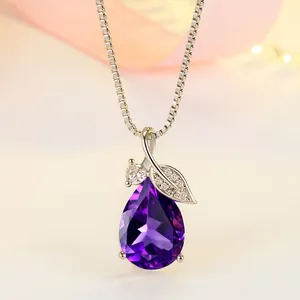 Elegant purple teardrop pendant necklace with silver leaf and sparkling crystals