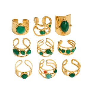 Vintage 18K gold plated stainless steel rings set with natural green stones
