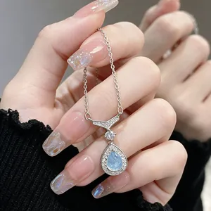 Elegant Mermaid Tear Water Drop Pendant Necklace Alloy Light Blue Crystal Zirconia Clavicle Chain Jewelry For Women Gift