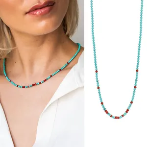 Collana fatta a mano con perle in pietra naturale turchese e rossa, placcata in oro 18k