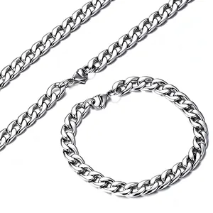 Ensemble collier et bracelet classique à chaîne gourmette en acier inoxydable pour le style hip-hop