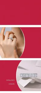Vue macro détaillée d'une bague en moissanite brillante en argent 925 poli massif.