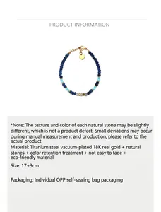 Close-up detail of blue natural stone beaded bracelet with gold heart charm and product specs.