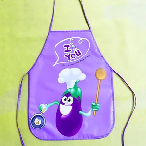 Detailed view of cartoon eggplant chef print on purple waterproof EVA apron for kids