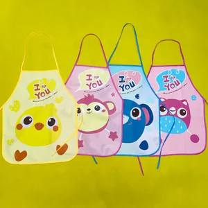 Detailed view of four colorful cartoon waterproof aprons for children painting