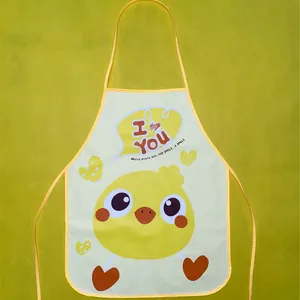 Close-up detail of yellow cartoon chicken waterproof apron for children's art painting.