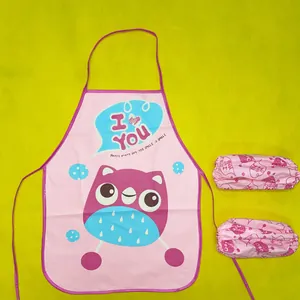 Pink cartoon owl kids apron set with waterproof oversleeves for painting and eating