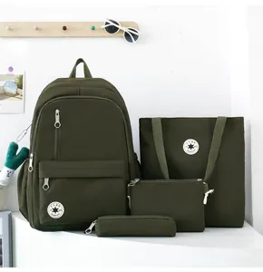 Group view of a minimalist olive green four-piece school bag set for teenagers.