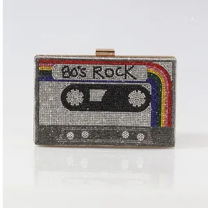 Pochette de soirée rétro en forme de cassette ornée de strass brillants pour fêtes