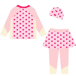 Dreiteiliges pinkfarbenes Polka-Dot-Badeanzug-Set für Mädchen mit Rashguard-Top und Rock.