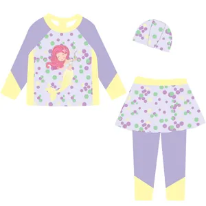 3-teiliger Mädchen-Badeanzug mit Meerjungfrau-Print, Langarm und Rock-Leggings.