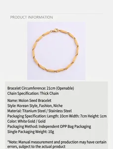 Vista dettagliata del bracciale in acciaio inossidabile dorato a maglia con specifiche.