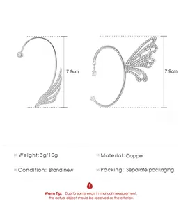 Detail view showing exact size and specifications of zircon wing and butterfly ear cuffs