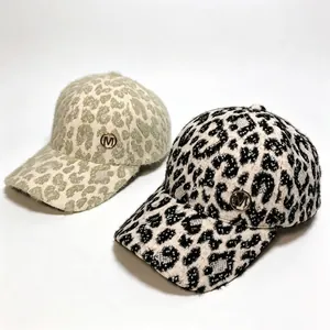 Women Winter Leopard Print Plush Baseball Cap Warm Rabbit Fur Blend Peaked Hat With Metal Letter M Decoration Fashionable Hat