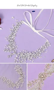 Detailed view of handmade bridal crystal hairband with pearls and ribbons