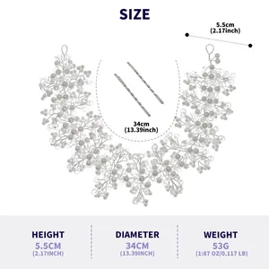 Detailed measurements of the French luxury crystal bridal headband with hairpins.