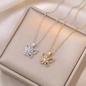 Fashion Rotating Zircon Butterfly Necklace For Women Titanium Steel Gold Silver Plated Dainty Floral Butterfly Pendant Clavicle Chain Jewelry
