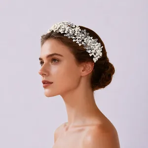 Handmade Luxury Bridal Hair Vine Rhinestone Artificial Pearl Leaf Wedding Headband For Women Banquet Party Hair Jewelry