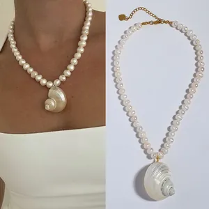Vakantiestijl Natuurlijke Zoetwaterparelketting 18K Goud Verguld Titanium Staal Schelp Hanger Sieraden Voor Vrouwen