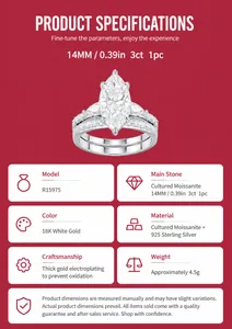 Especificaciones detalladas del anillo de moissanita talla marquesa en plata de ley 925