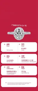 Detailed specifications of a 2ct moissanite ring in 925 silver with 18K white gold plating