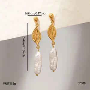 Detail of stainless steel leaf earrings with elegant baroque pearls and size guide.