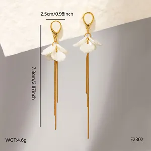 Detailed view of elegant white petal tassel earrings showing 7.3cm length and weight