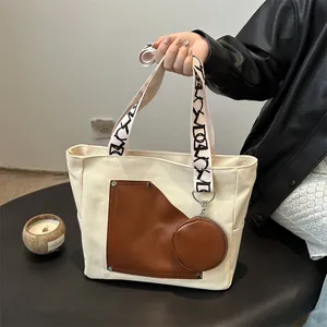 Minimalist large capacity canvas tote bag with brown leather patchwork and round pouch