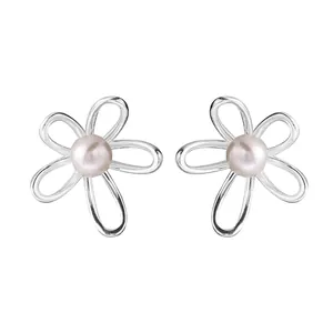 Eleganti orecchini a lobo a fiore in argento sterling 925 con perle rosa per donna