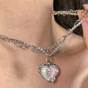 Sweet and cool dopamine style necklace with pink and white heart pendant and zirconia