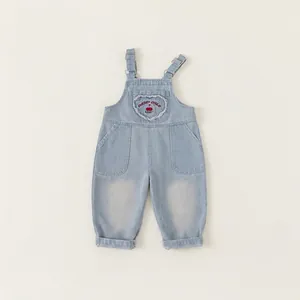 Girls Denim Overalls Korean Style Cherry Embroidery Heart Pocket Light Blue Washed Cotton Blend Suspender Pants For Kids