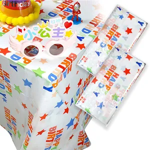 Disposable PE birthday tablecloth featuring colorful stars and Happy Birthday lettering