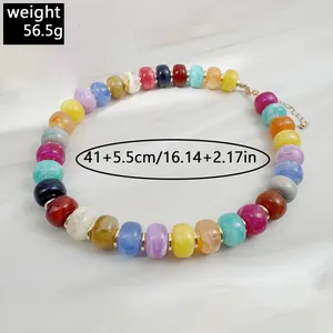 Detailed view of colorful acrylic beaded necklace with weight and length dimensions