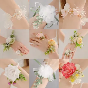 Elegant White Fabric Rose Wedding Wrist Corsage Boutonniere With Faux Artificial Pearls Ribbon For Bride Bridesmaid Party Ceremony Decor
