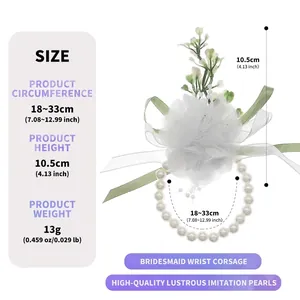 Detailed size specifications for the white bridesmaid wrist flower with pearls