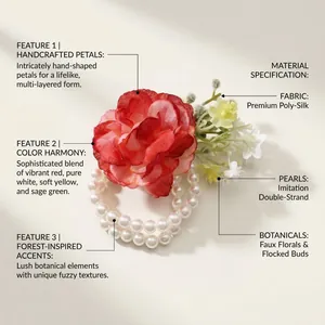 Detailed view of forest-inspired wedding wrist corsage with poly-silk petals and pearls.
