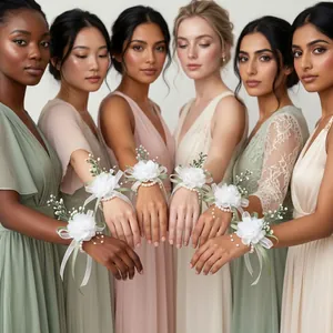 Elegant white rose wrist corsages with pearls for bridesmaids in a group setting