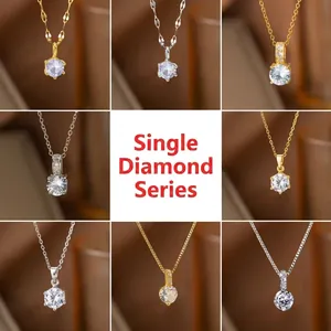 Elegant Titanium Steel Six-Prong Single Rhinestone Pendant Necklace For Women Minimalist Sweet Water Wave Chain Gold Silver Jewelry
