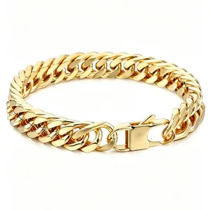 Detail shot of a heavy gold Cuban link bracelet with a secure fold-over clasp.